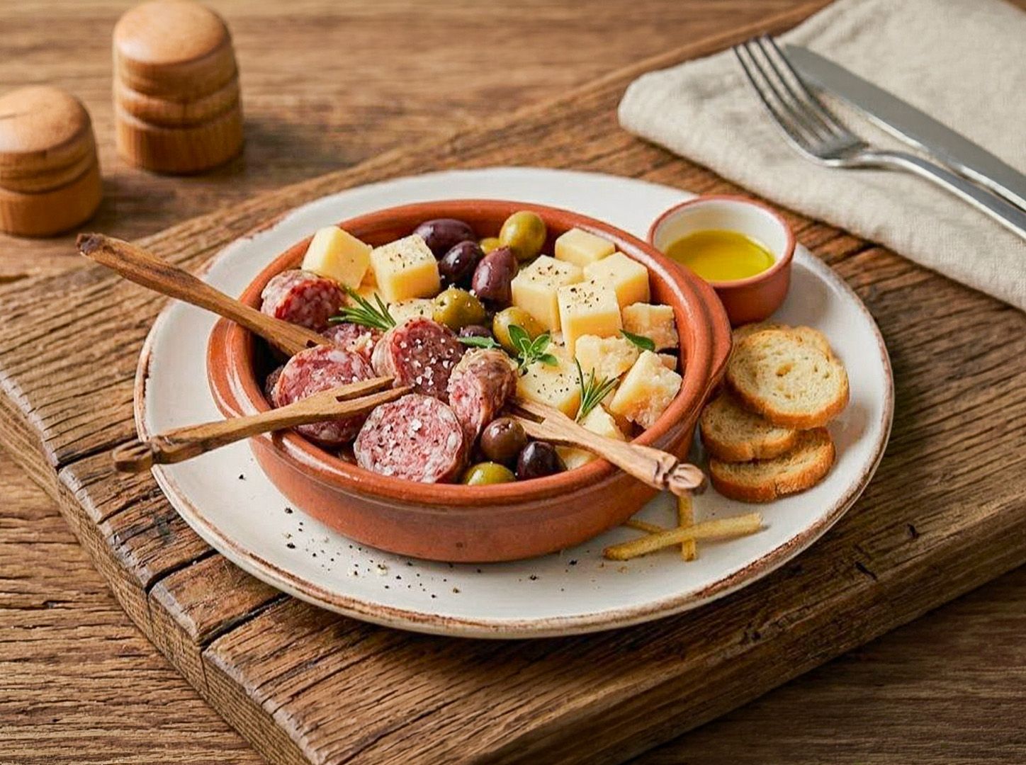 Picada de salame, queso y aceitunas.