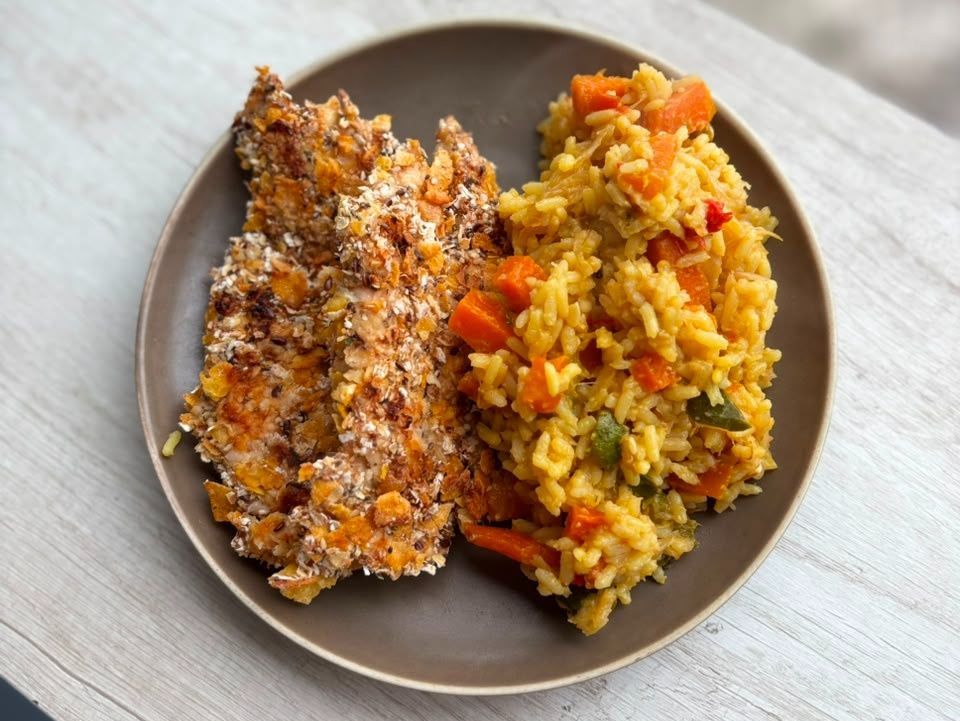 Milas de pollo + arróz con vegetales