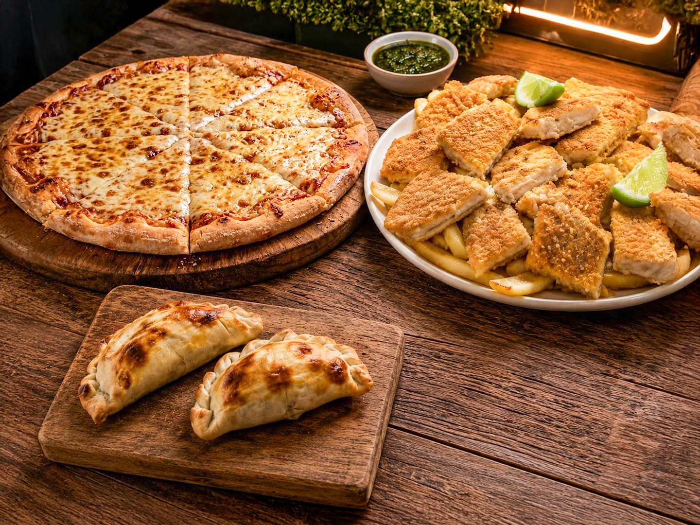 Pizza muzzarella+picada de mila+2 empanadas