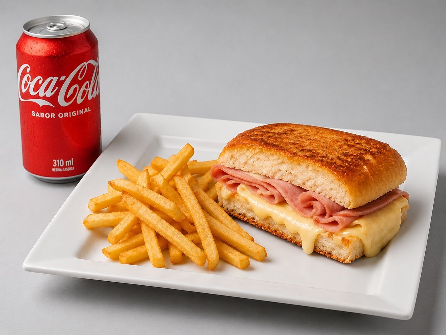 Sándwich caliente de jyq+papas+lata coca