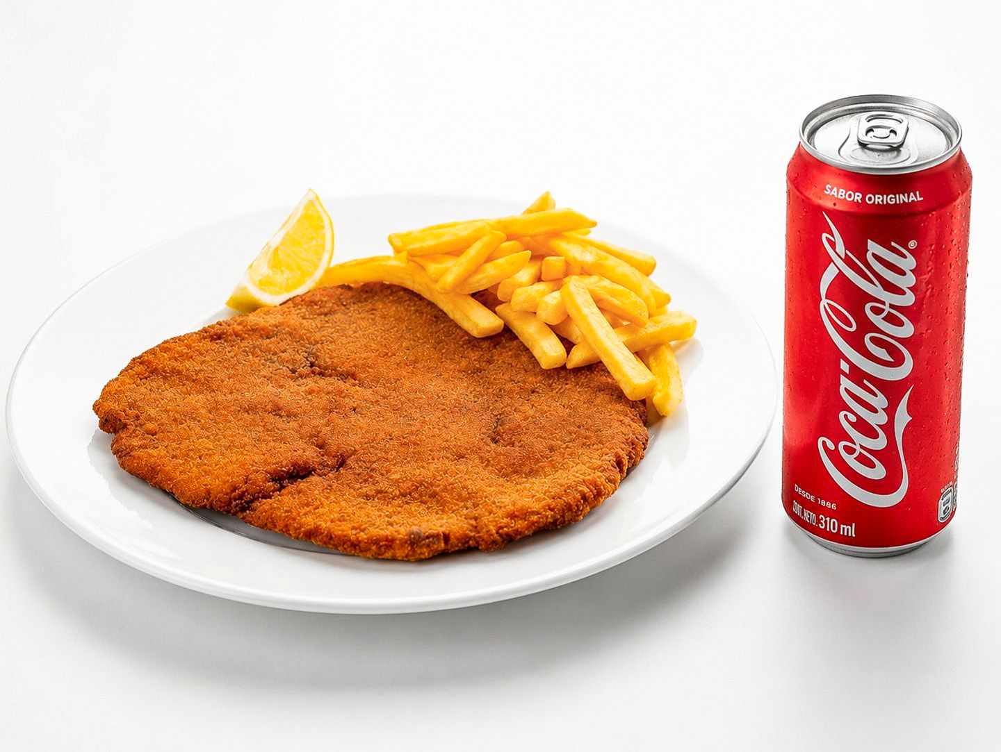 Milanesa con papas fritas+ lata coca cola
