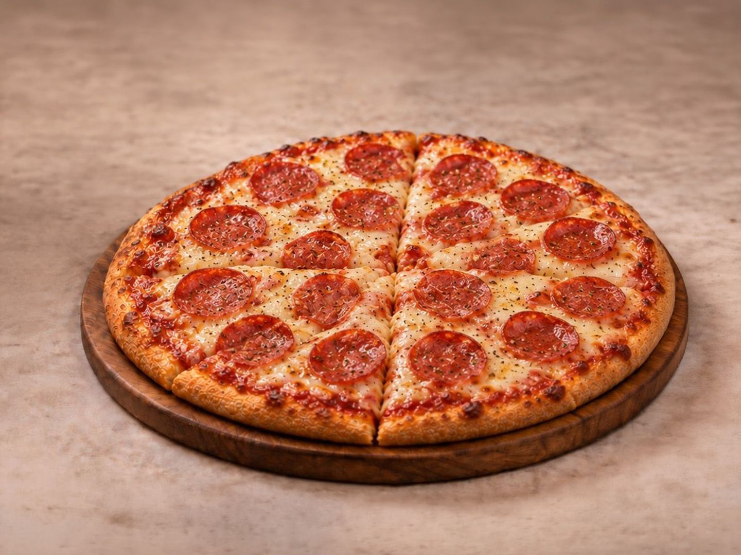 Pizza pepperoni congelada lista para hornear.