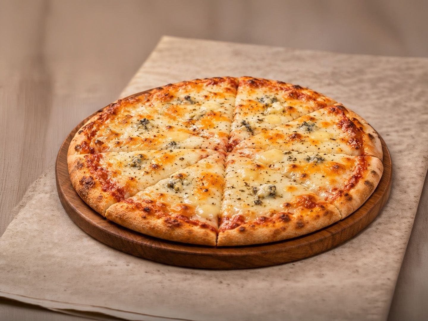 Pizza 4 quesos congelada lista para hornear.