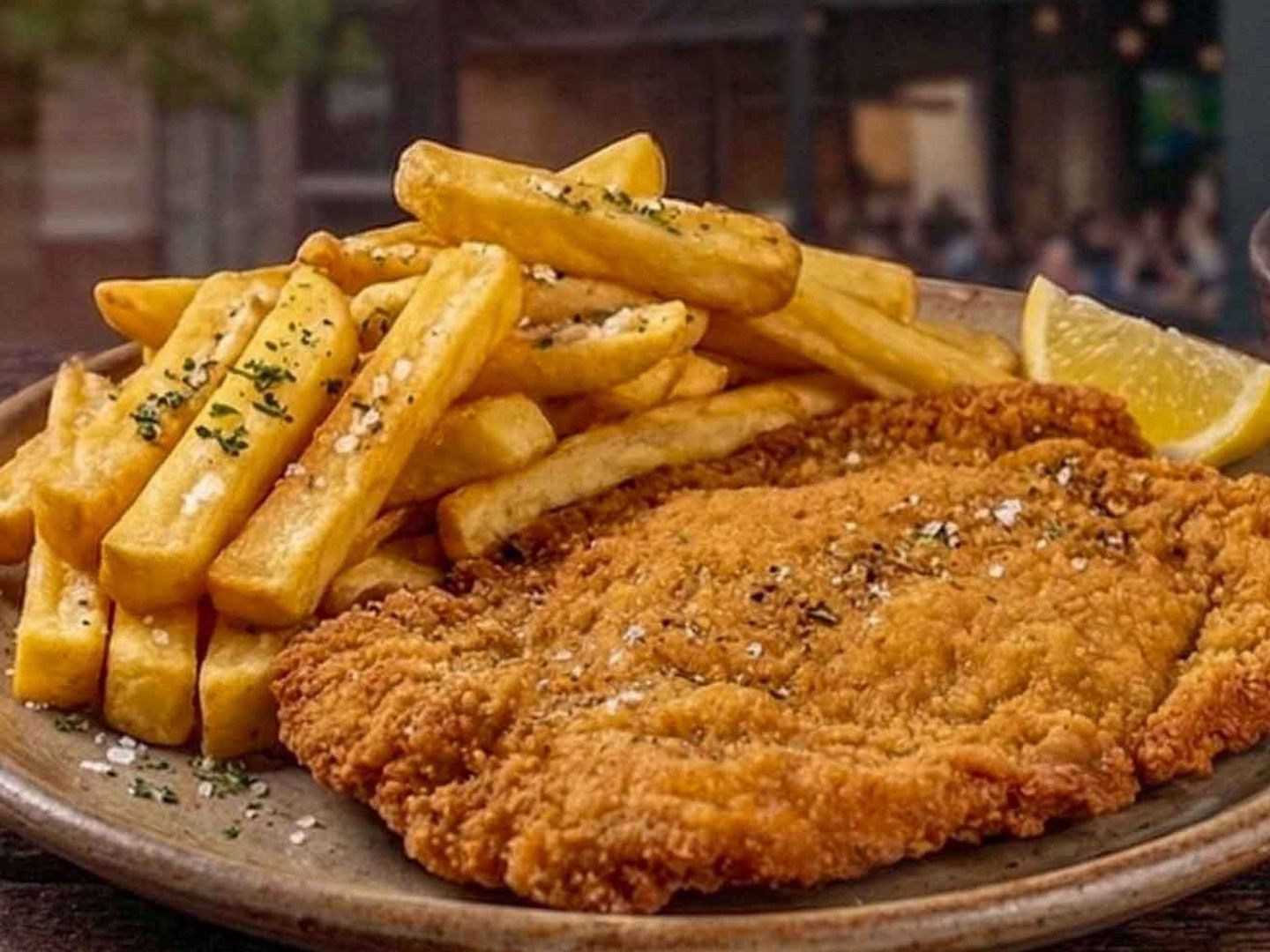 Milanesa con papas fritas.