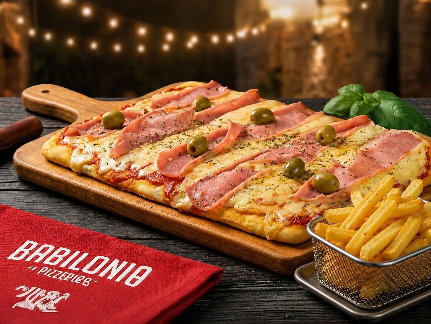 Pizza argentina grande + porción de papas