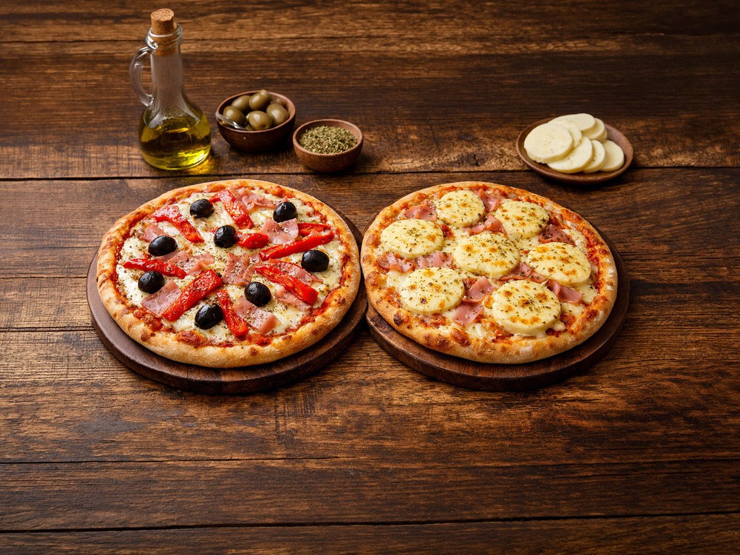 Pizza jamón y morrones +pizza provolone