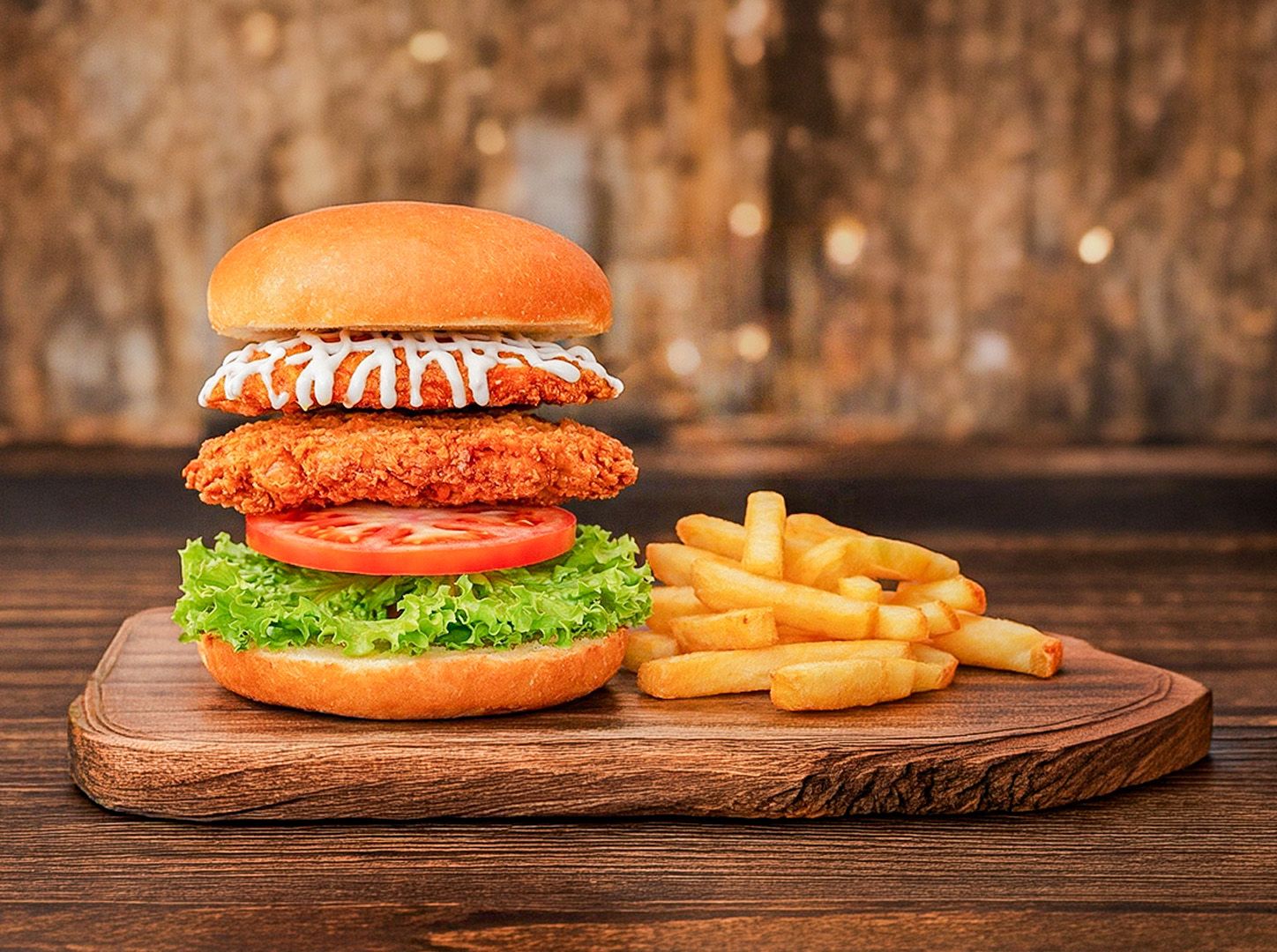 Armá tu burguer de pollo +papas