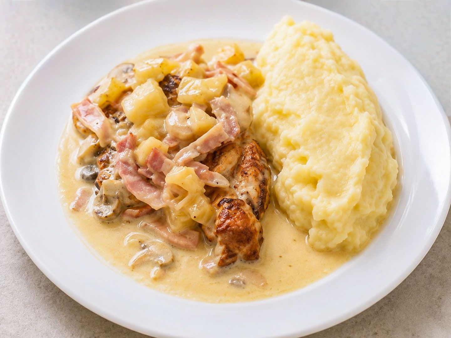 Pollo con crema de ananá + puré