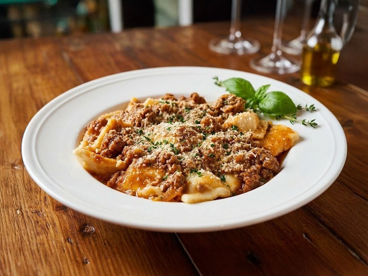 Ravioles con salsa bolognesa-