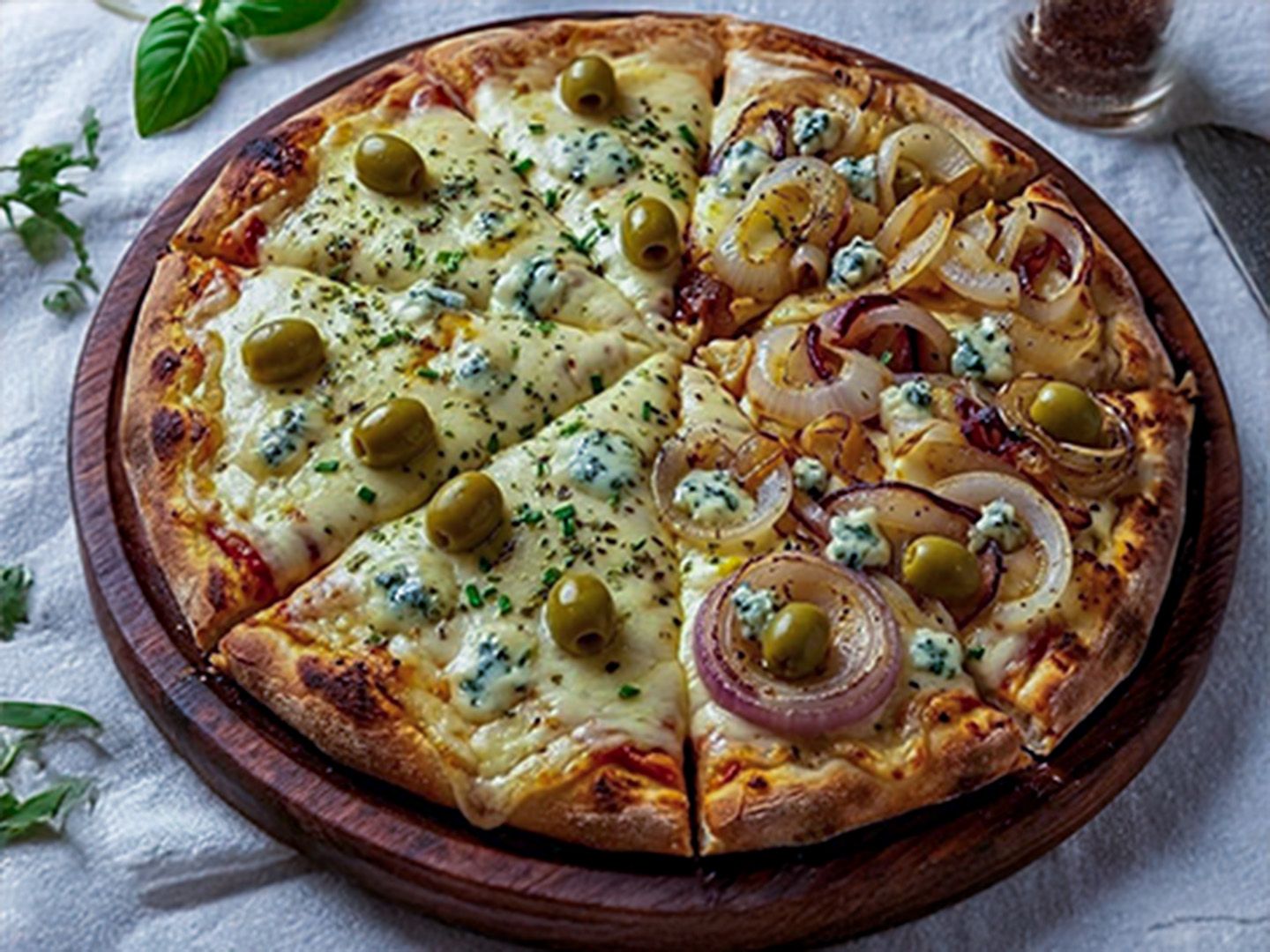 Pizza fugazzeta y Roquefort
