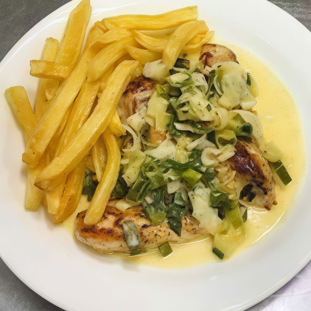 Pollo al puerro + papas